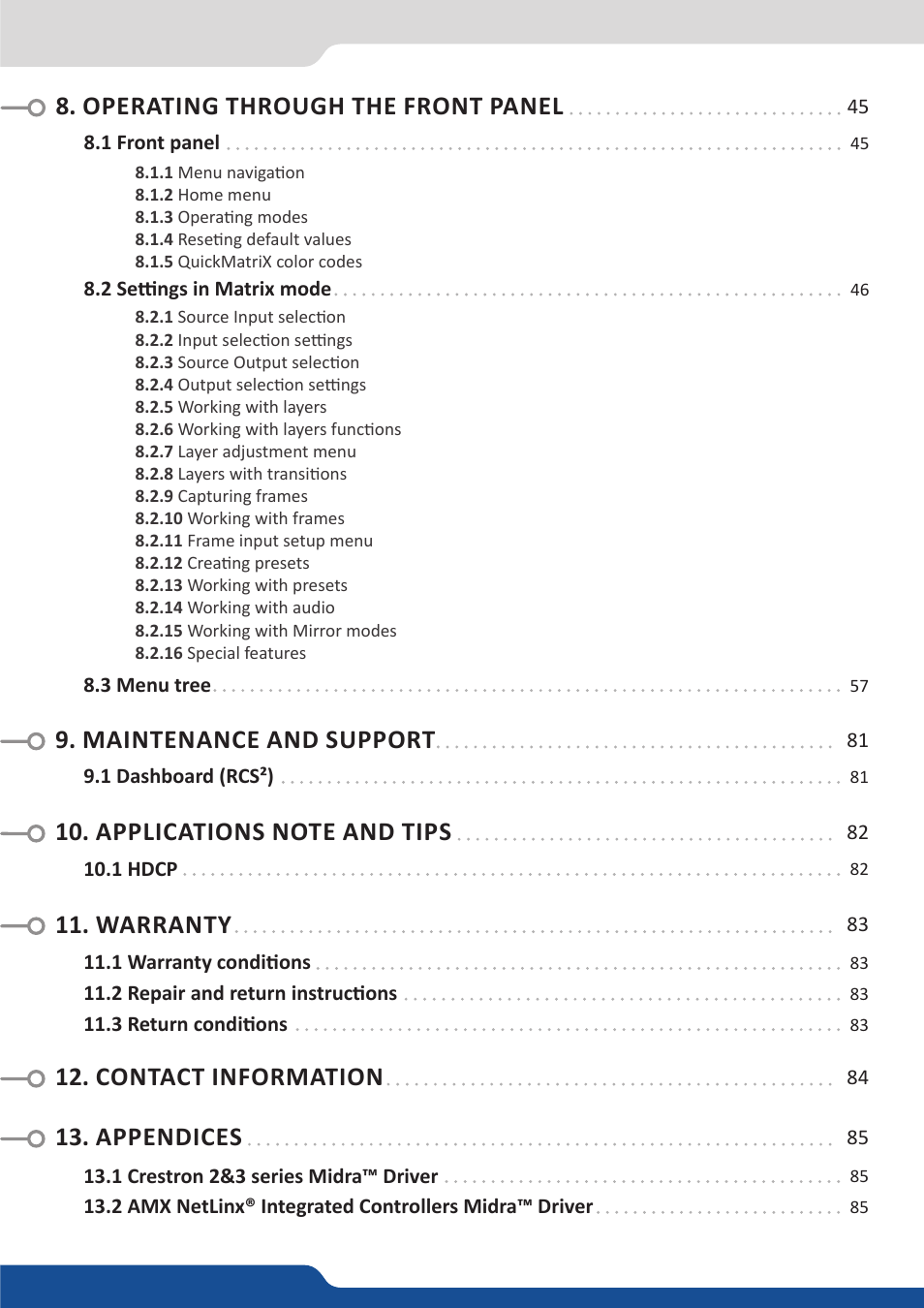 Operating through the front panel, Contact information 13. appendices | Analog Way QuickMatriX User Manual | Page 5 / 87
