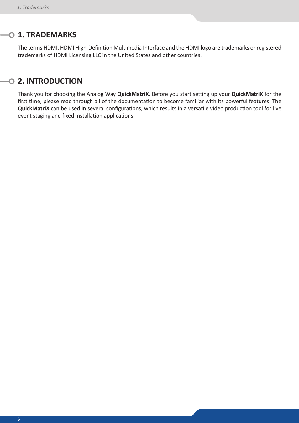 Trademarks, Introduction, Trademarks 2. introduction | Analog Way QuickMatriX User Manual | Page 6 / 87