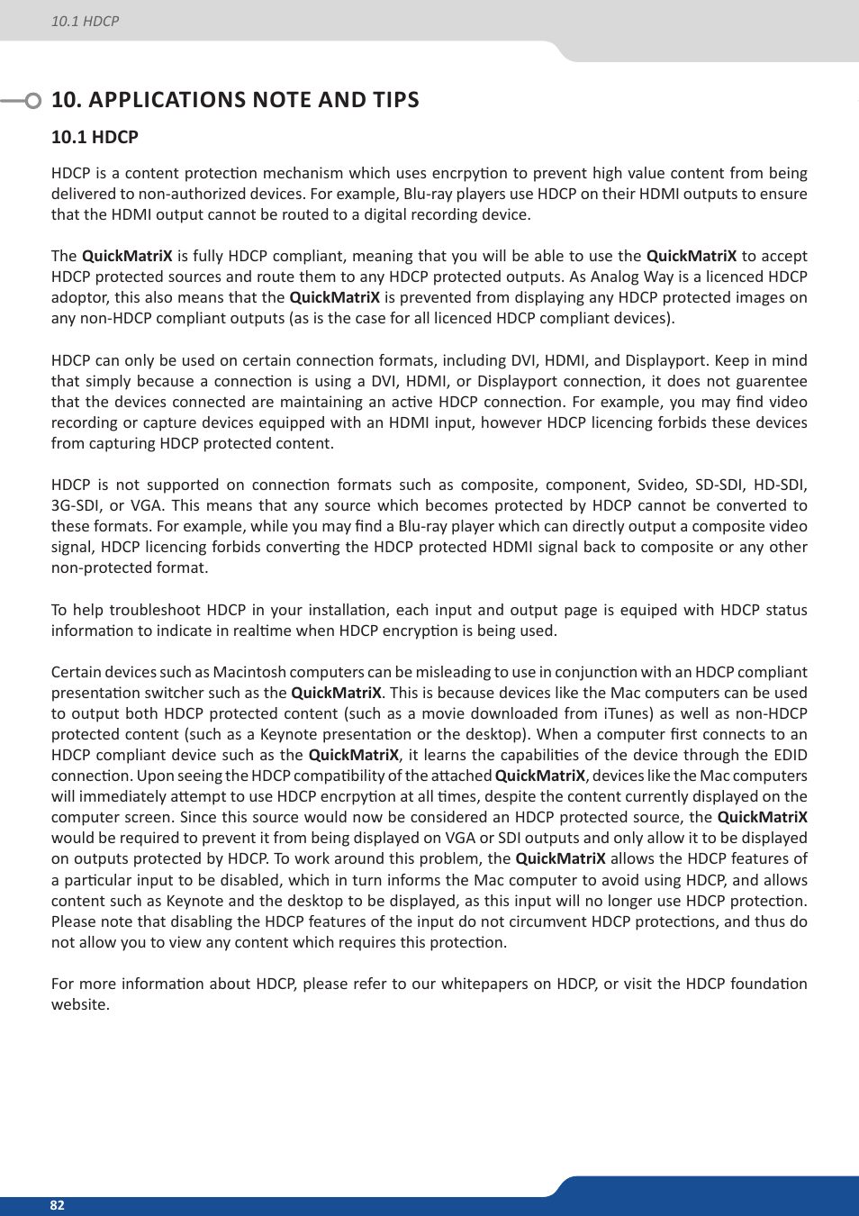 Applications note and tips, 1 hdcp | Analog Way QuickMatriX User Manual | Page 82 / 87