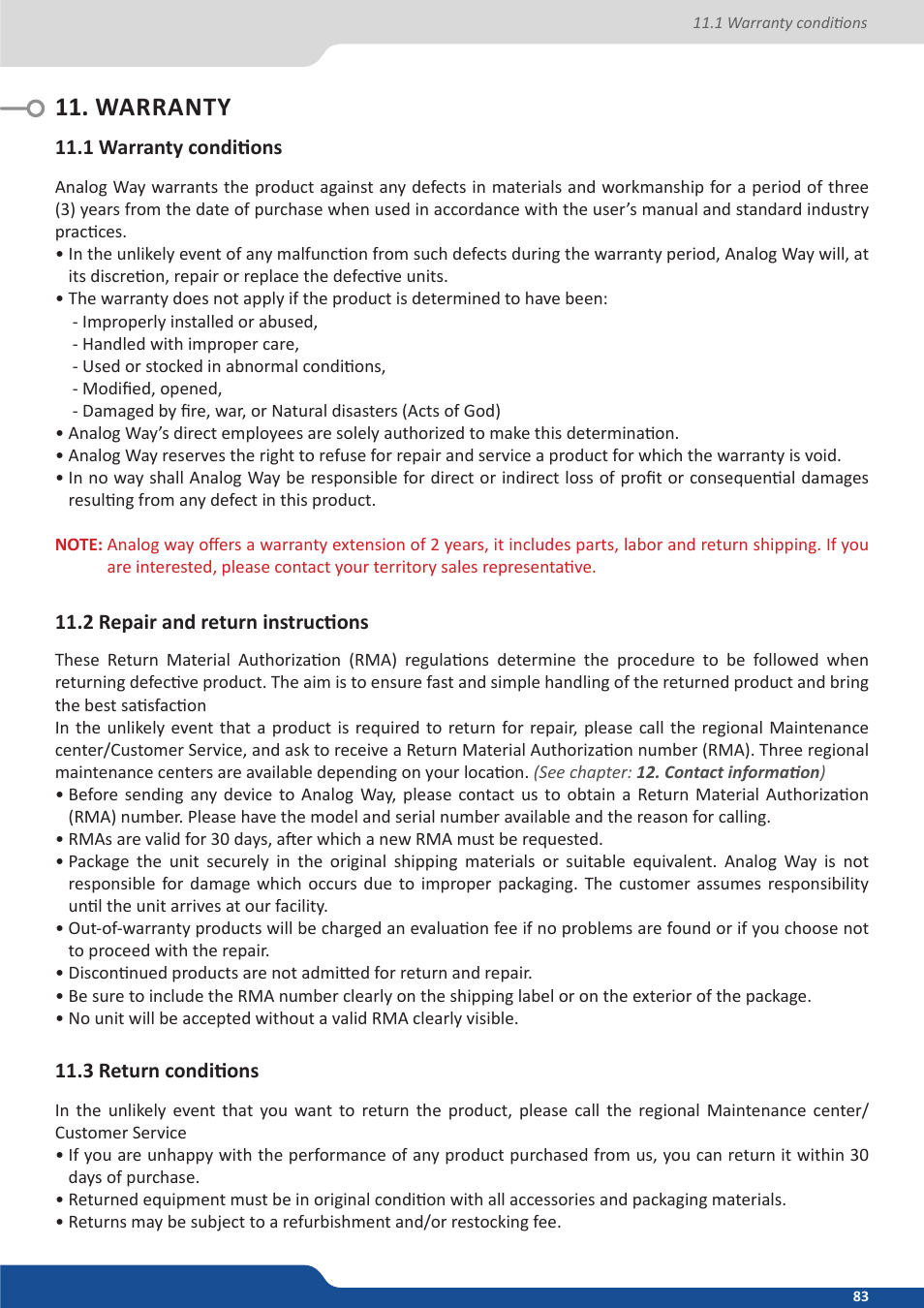Warranty, 1 warranty conditions, 2 repair and return instructions | 3 return conditions | Analog Way QuickMatriX User Manual | Page 83 / 87