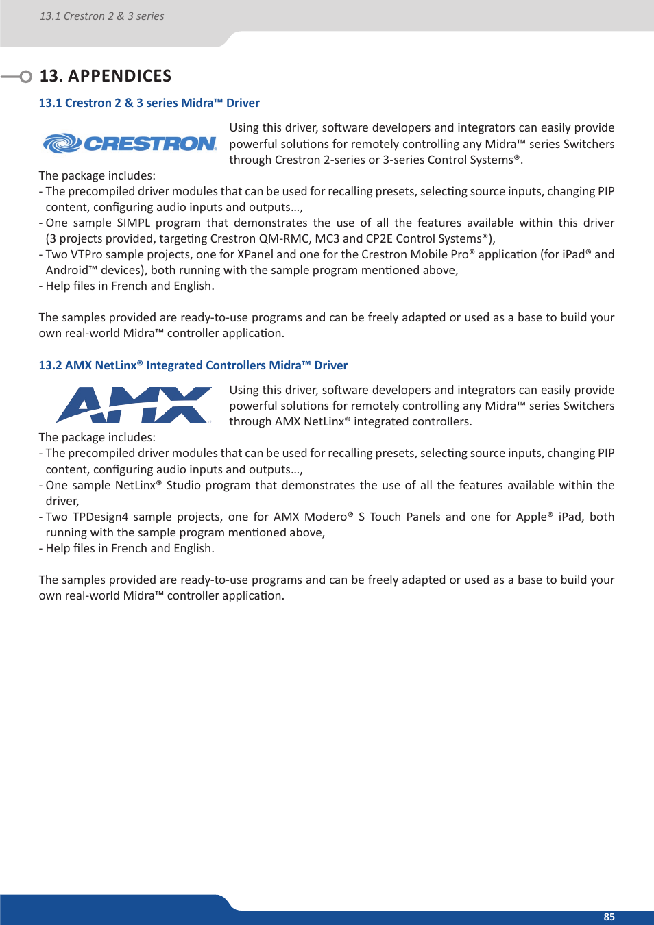 Appendices, 1 crestron 2 & 3 series midra driver, 2 amx netlinx integrated controllers midra driver | Analog Way QuickMatriX User Manual | Page 85 / 87