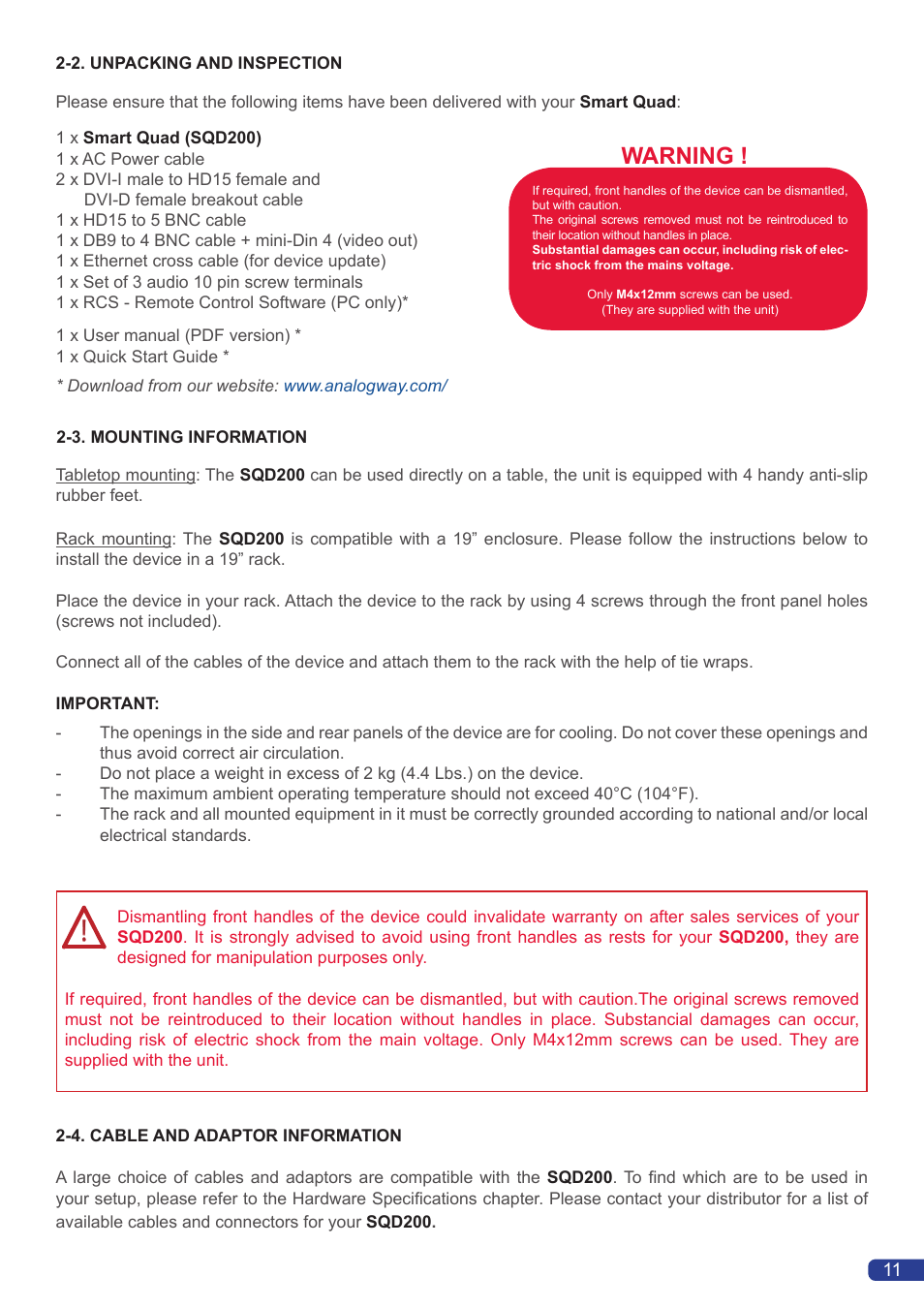 Warning | Analog Way Smart Quad User Manual | Page 13 / 68