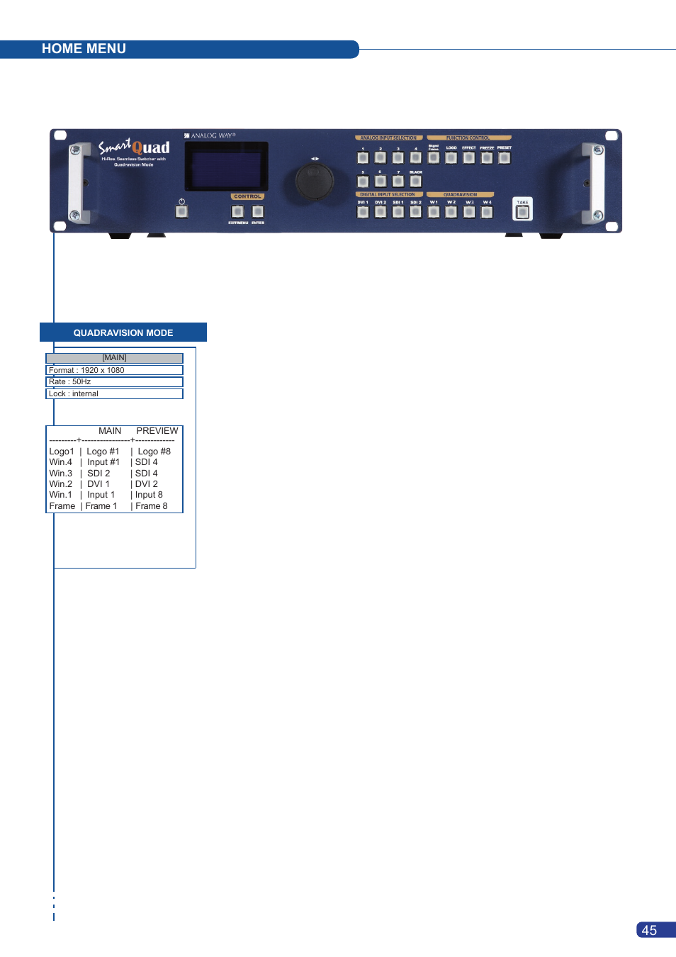 Home menu | Analog Way Smart Quad User Manual | Page 47 / 68