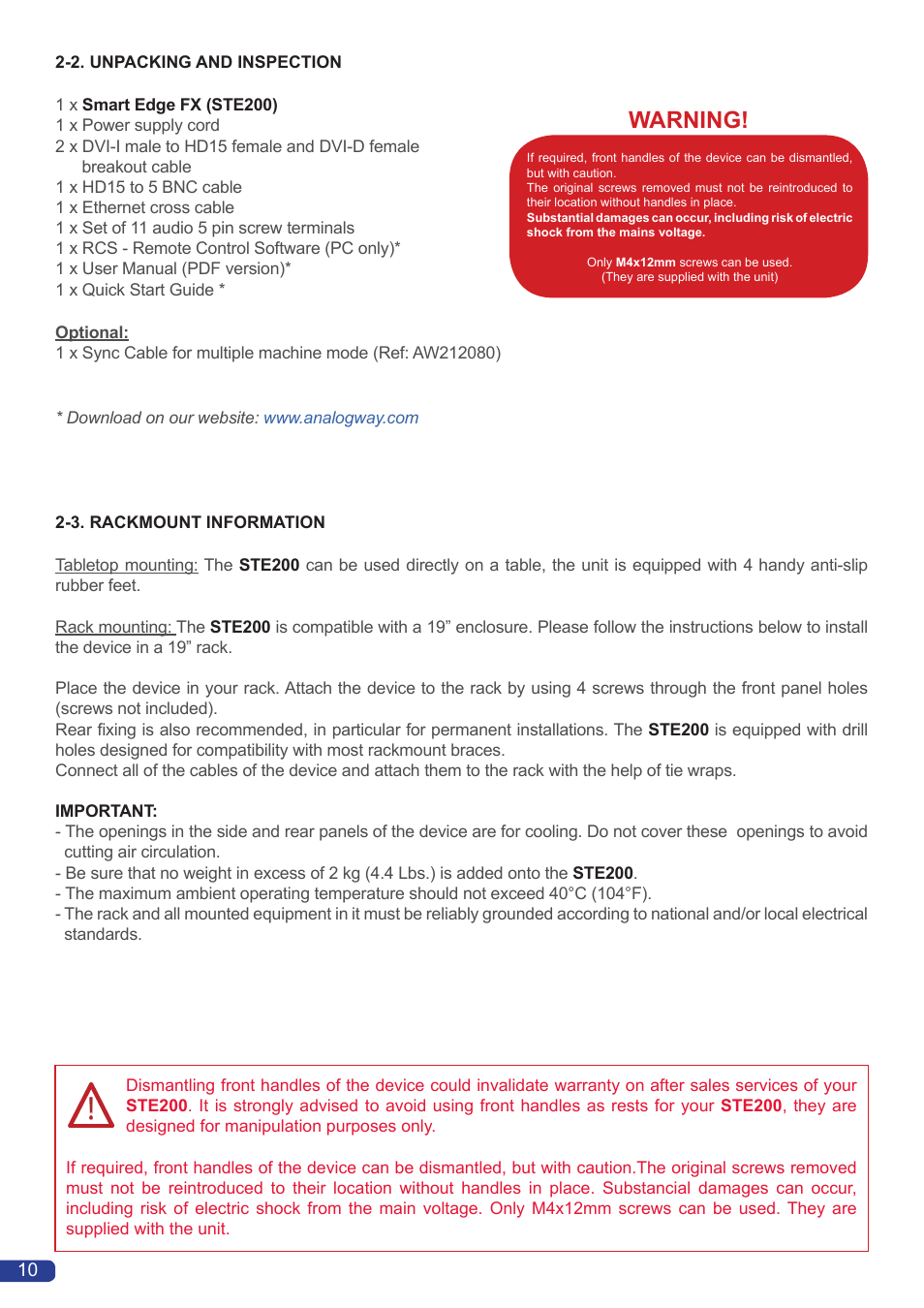 Warning | Analog Way Smart Edge FX User Manual | Page 12 / 72
