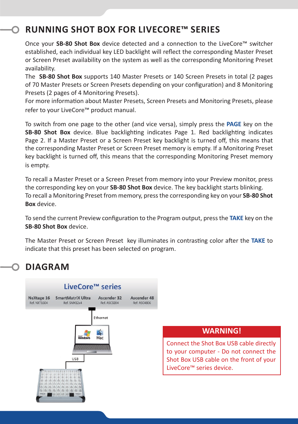 Running shot box for livecore™ series diagram, Warning | Analog Way Shot Box - LiveCore platform User Manual | Page 3 / 4