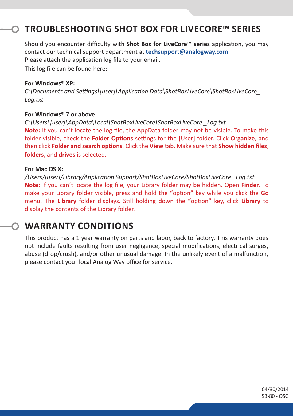 Troubleshooting shot box for livecore™ series, Warranty conditions | Analog Way Shot Box - LiveCore platform User Manual | Page 4 / 4