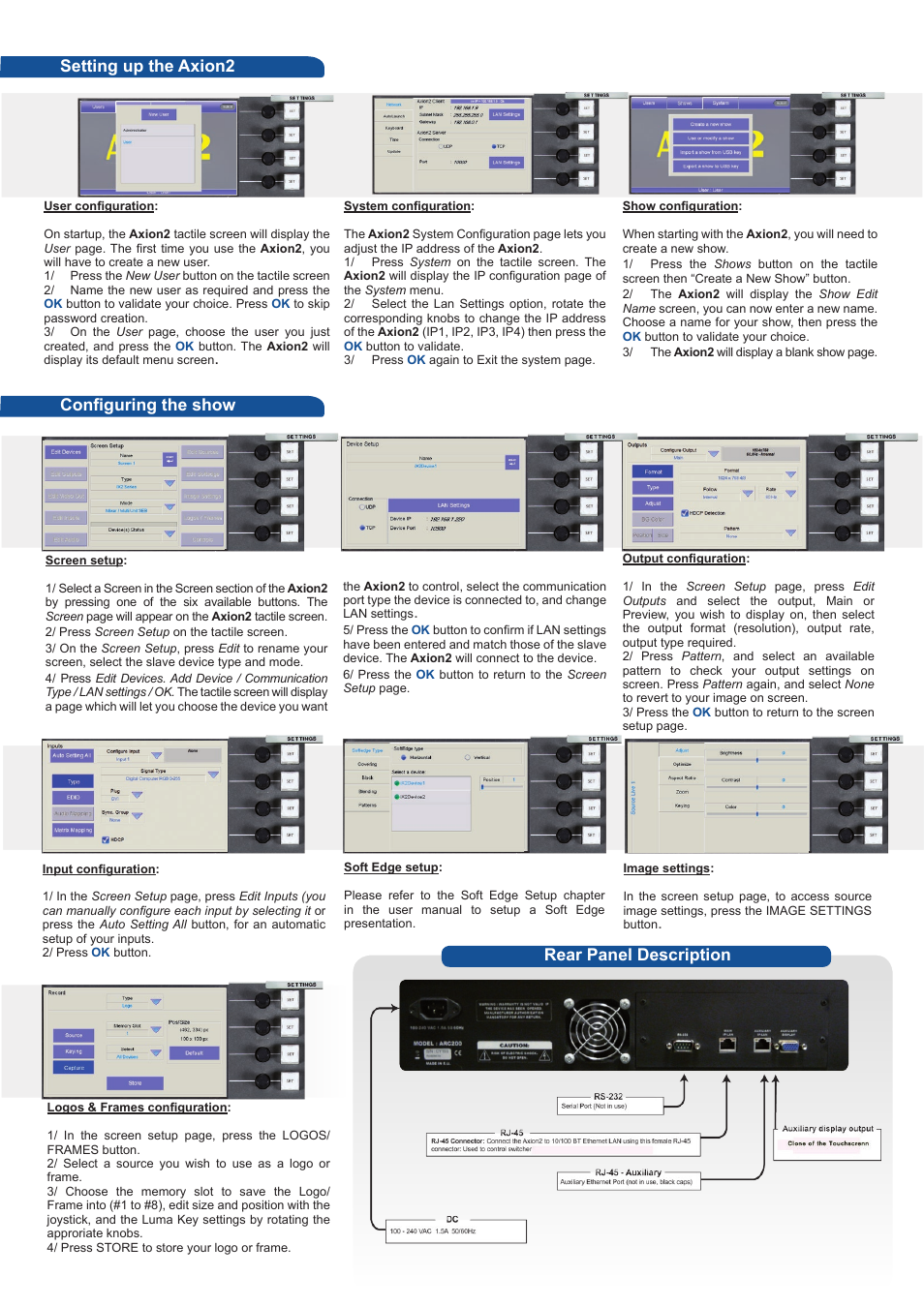 Setting up the axion2, Configuring the show, Rear panel description | Analog Way Axion2 User Manual | Page 3 / 4