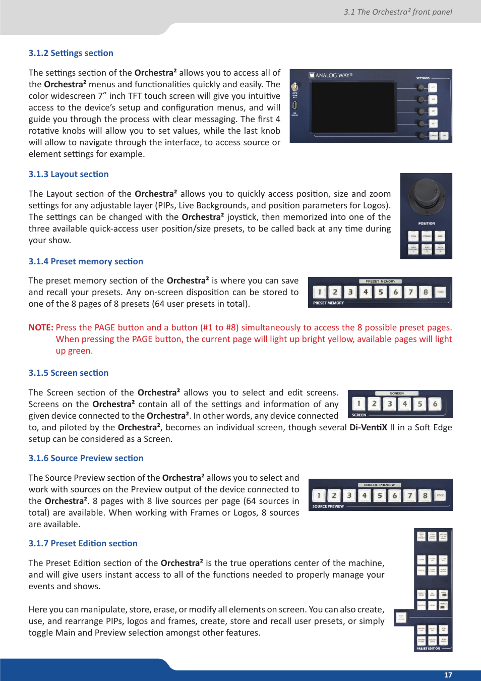 2 settings section, 3 layout section, 4 preset memory section | 5 screen section, 6 source preview section, 7 preset edition section | Analog Way Orchestra2 User Manual | Page 17 / 48