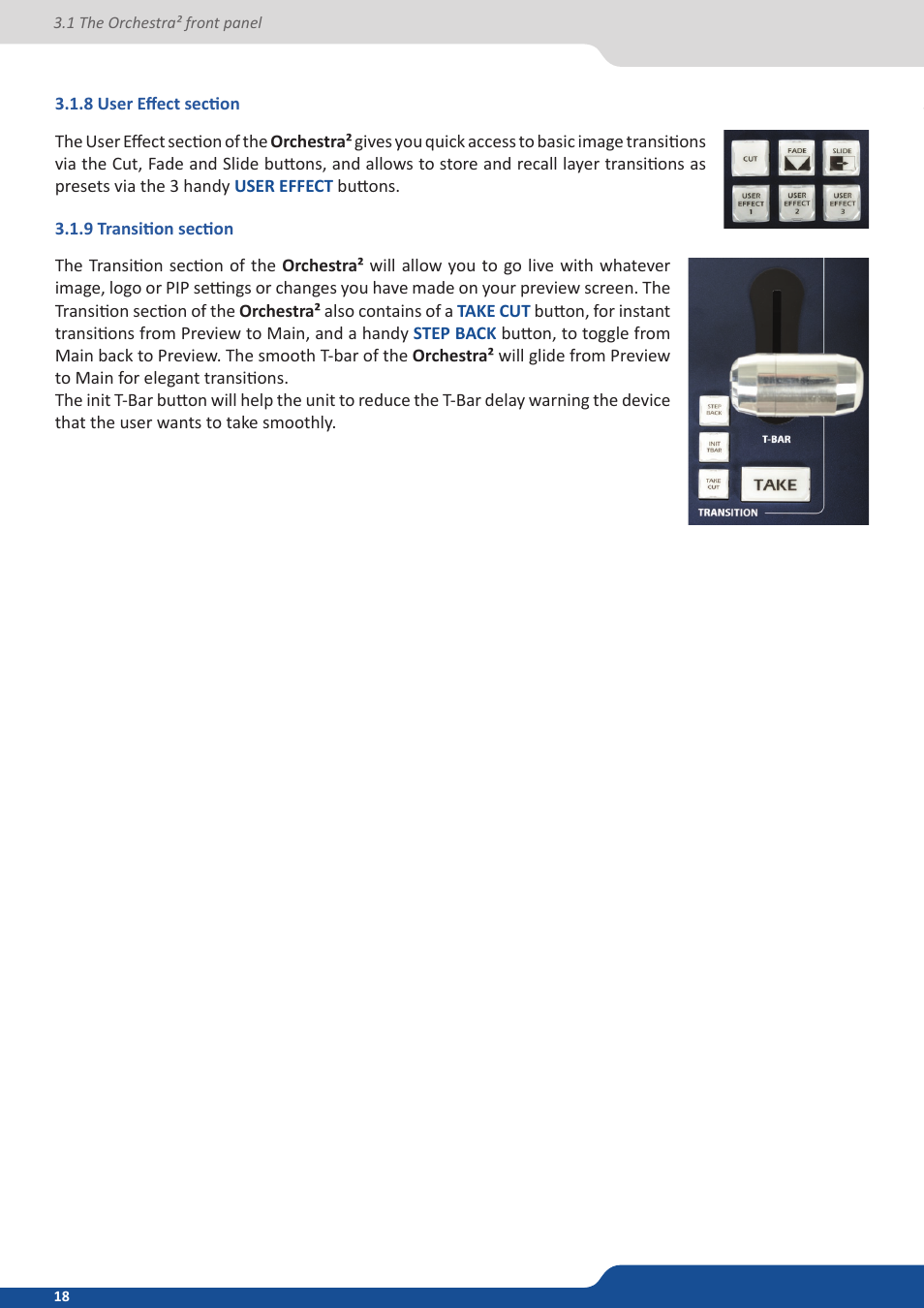 8 user effect section, 9 transition section | Analog Way Orchestra2 User Manual | Page 18 / 48