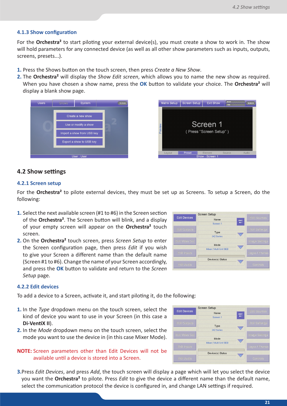 3 show configuration, 2 show settings, 1 screen setup | 2 edit devices | Analog Way Orchestra2 User Manual | Page 21 / 48