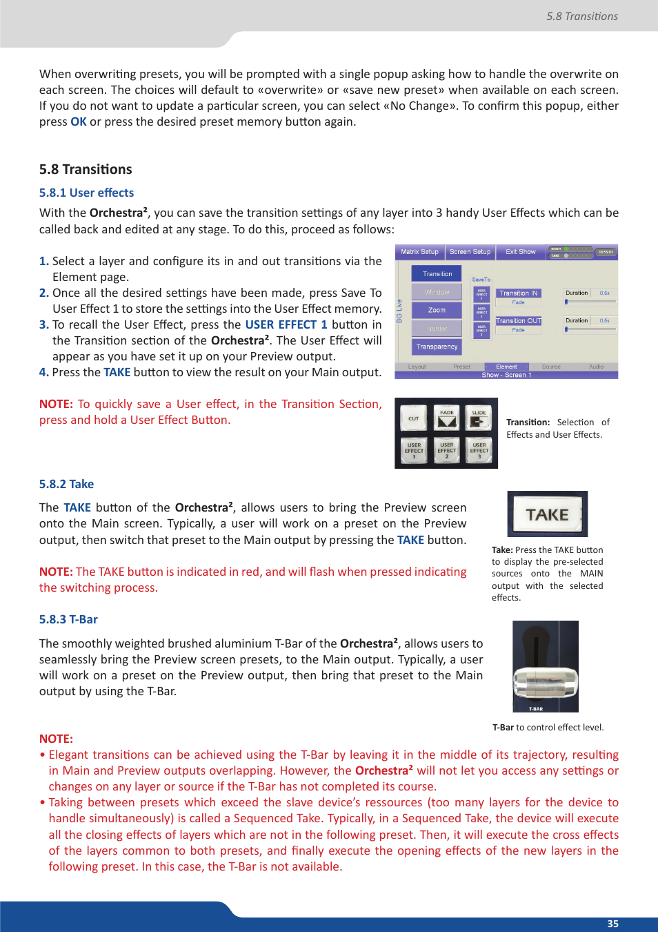 8 transitions, 1 user effects, 2 take | 3 t-bar | Analog Way Orchestra2 User Manual | Page 35 / 48