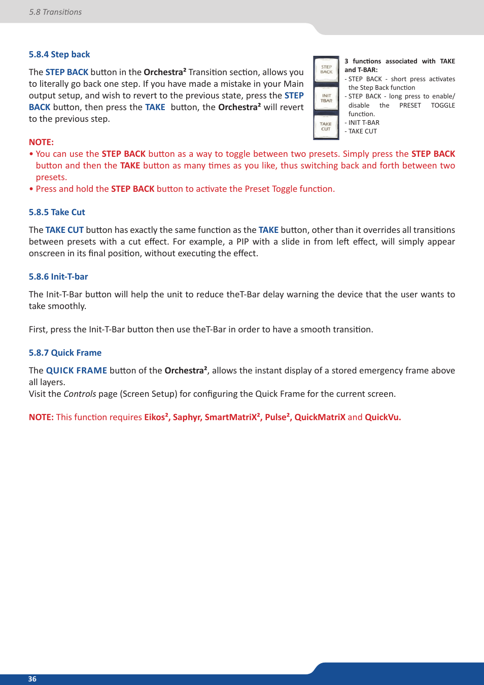 4 step back, 5 take cut, 6 init-t-bar | 7 quick frame function | Analog Way Orchestra2 User Manual | Page 36 / 48