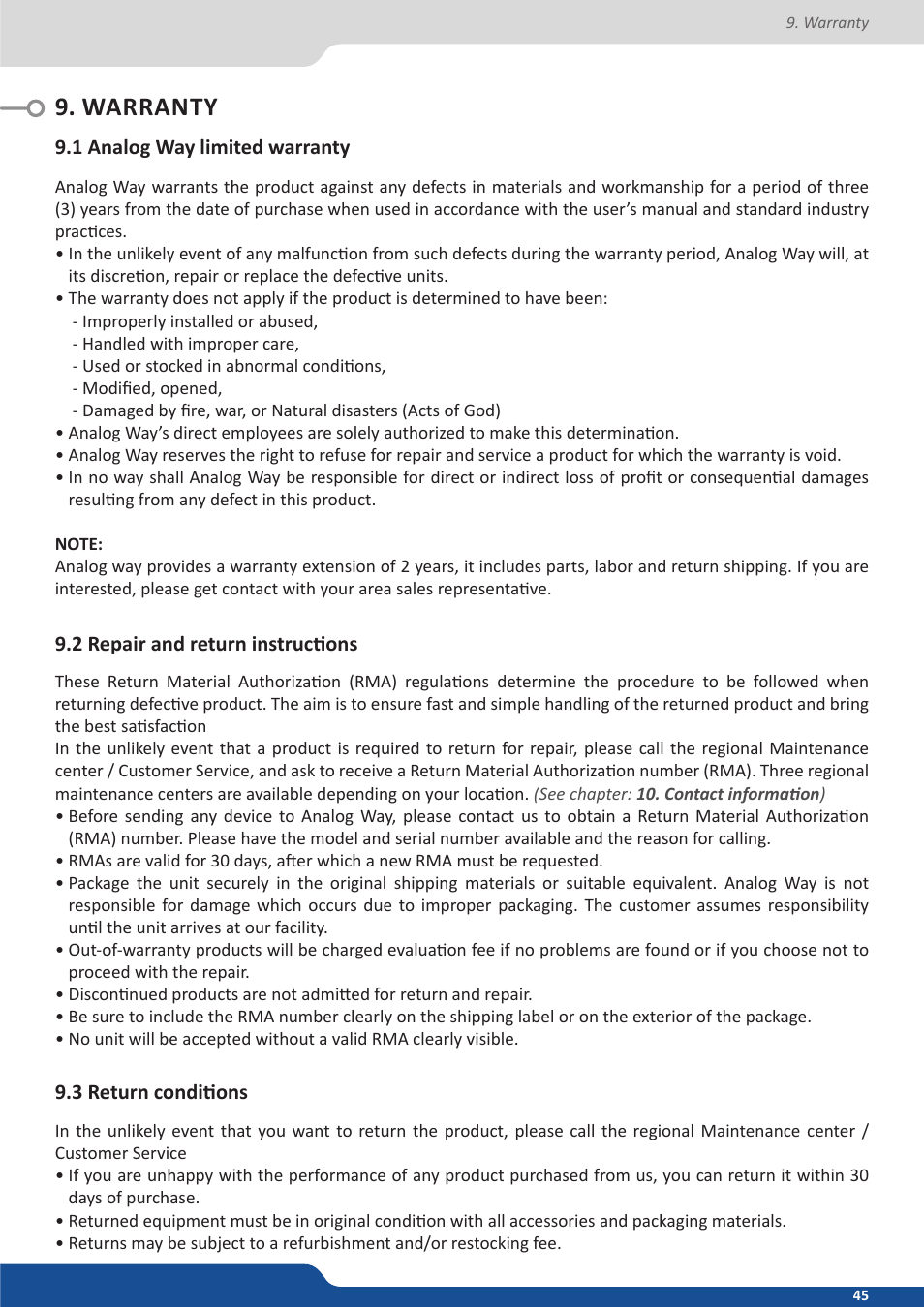 Warranty, 1 analog way limited warranty, 2 repair and return instructions | 3 return conditions | Analog Way Orchestra2 User Manual | Page 45 / 48