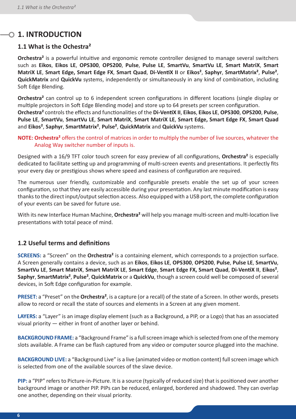 Introduction, 1 what is the ochestra, 2 useful terms and definitions | Analog Way Orchestra2 User Manual | Page 6 / 48