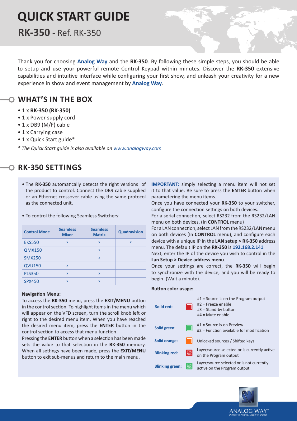 Analog Way RK-350 User Manual | 4 pages