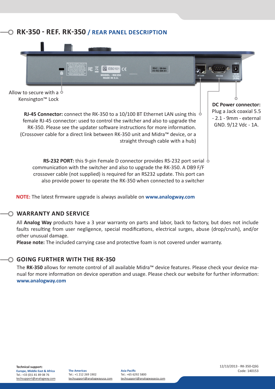 Warranty and service going further with the rk-350, Rear panel description | Analog Way RK-350 User Manual | Page 4 / 4