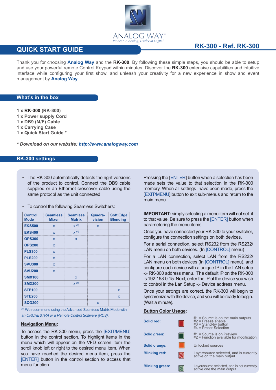 Analog Way RK-300 User Manual | 4 pages