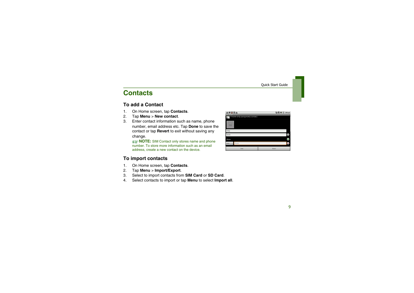 Contacts, To add a contact, To import contacts | CAMANGI FM600 User Manual | Page 12 / 28