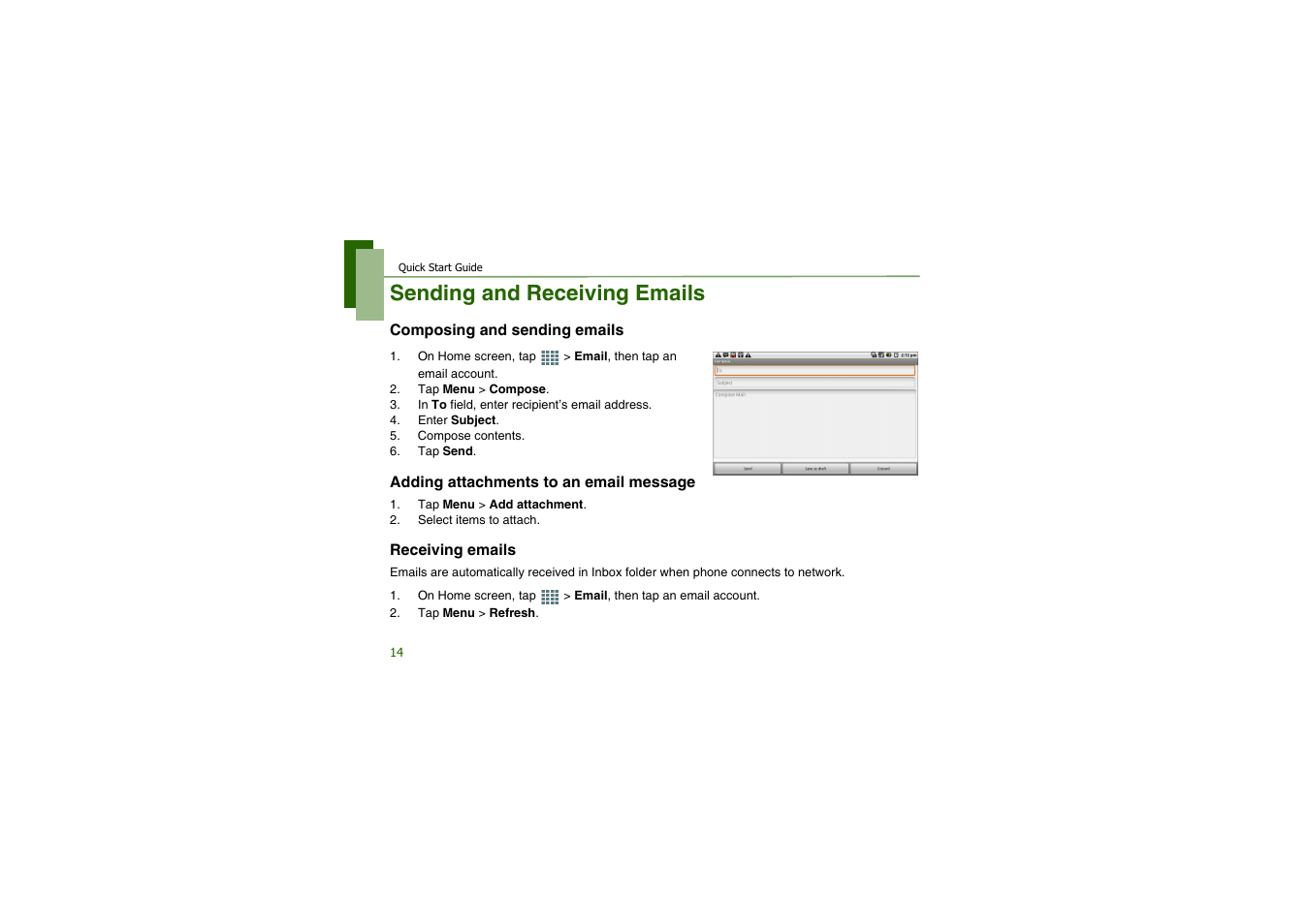Sending and receiving emails, Composing and sending emails, Adding attachments to an email message | Receiving emails | CAMANGI FM600 User Manual | Page 17 / 28