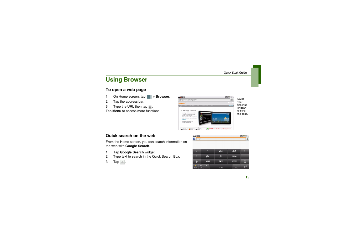 Using browser, Quick search on the web | CAMANGI FM600 User Manual | Page 18 / 28