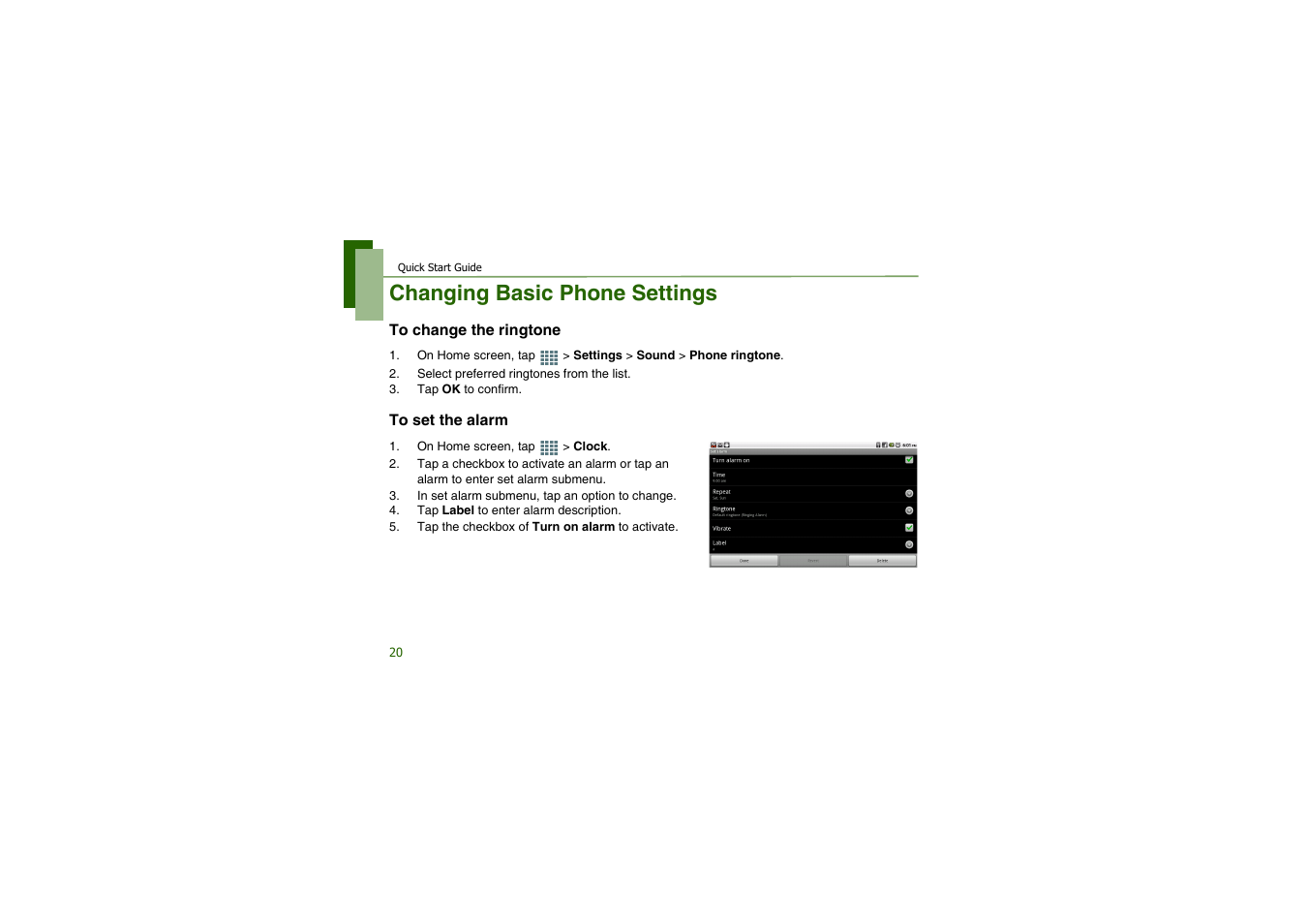 Changing basic phone settings, To change the ringtone, To set the alarm | CAMANGI FM600 User Manual | Page 23 / 28