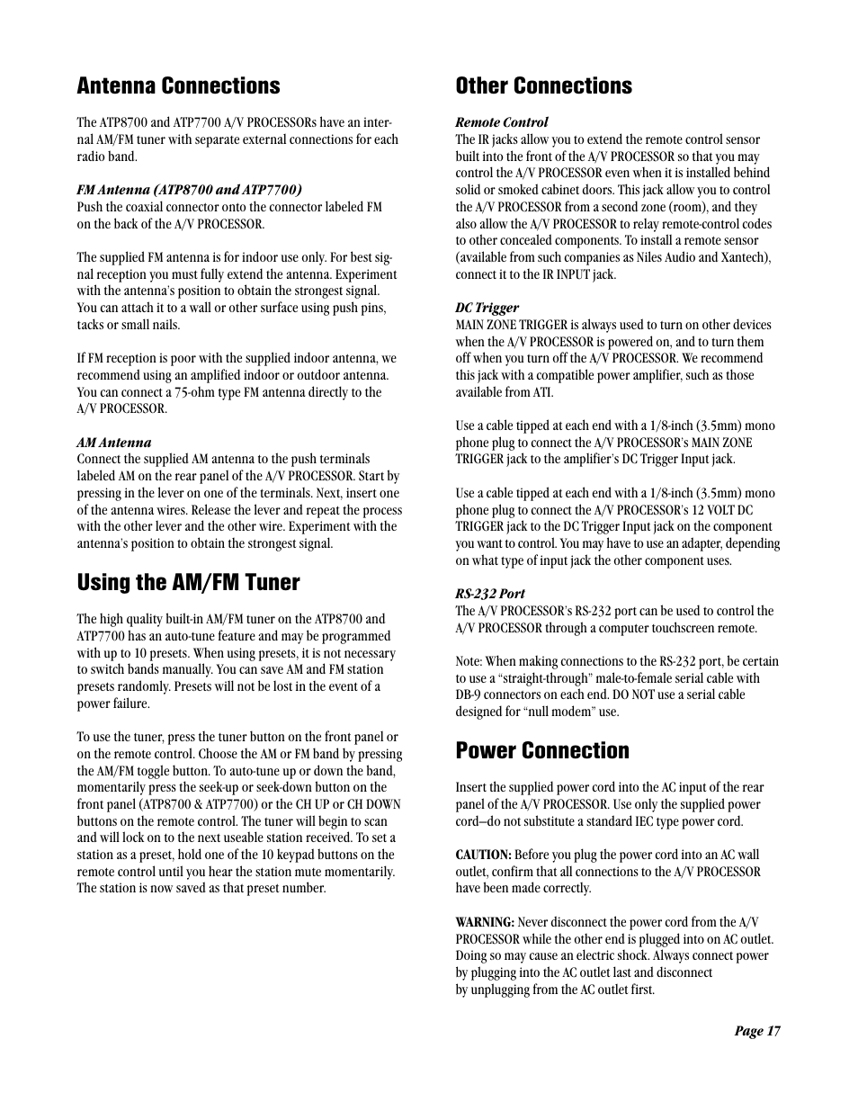 Antenna connections, Using the am/fm tuner, Other connections | Power connection | ATI Amplifier Technologies ATP8700 User Manual | Page 17 / 36