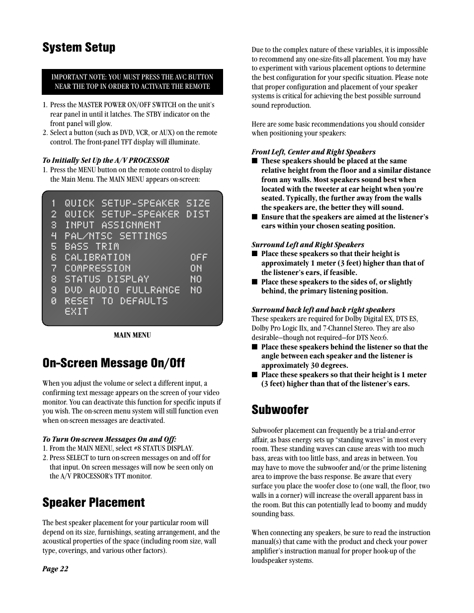 System setup, On-screen message on/off, Speaker placement | Subwoofer | ATI Amplifier Technologies ATP8700 User Manual | Page 22 / 36