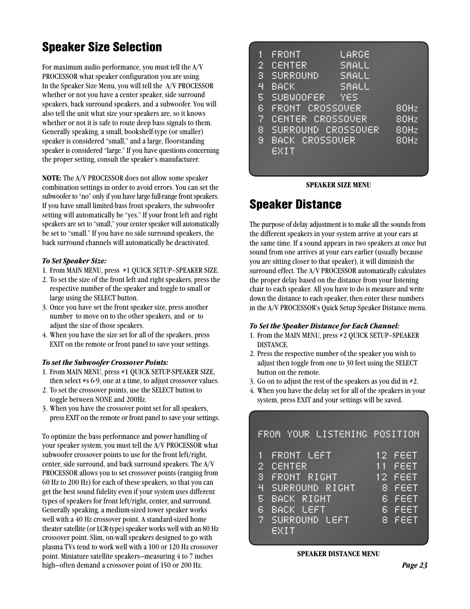 Speaker size selection, Speaker distance | ATI Amplifier Technologies ATP8700 User Manual | Page 23 / 36