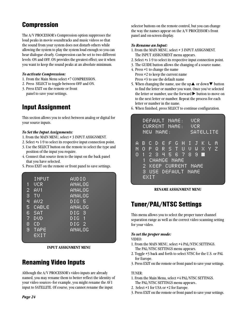 Compression, Input assignment, Renaming video inputs | Tuner/pal/ntsc settings | ATI Amplifier Technologies ATP8700 User Manual | Page 24 / 36
