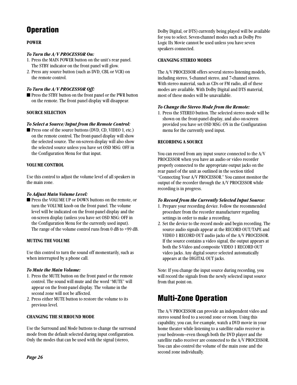 Operation, Multi-zone operation | ATI Amplifier Technologies ATP8700 User Manual | Page 26 / 36