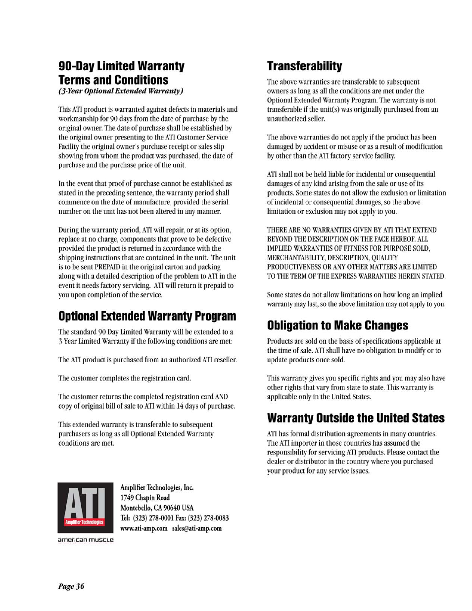 ATI Amplifier Technologies ATP8700 User Manual | Page 36 / 36