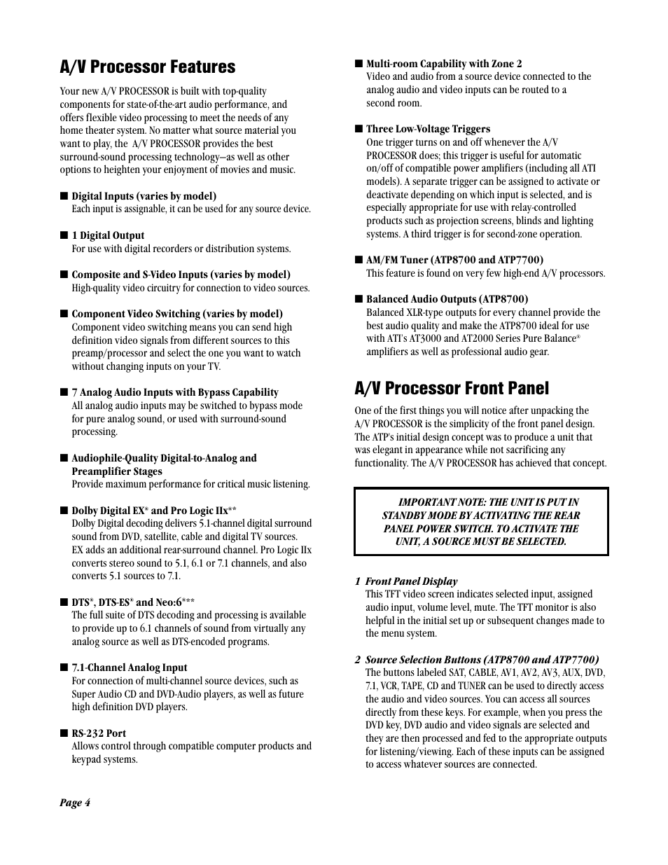 A/v processor front panel, A/v processor features | ATI Amplifier Technologies ATP8700 User Manual | Page 4 / 36