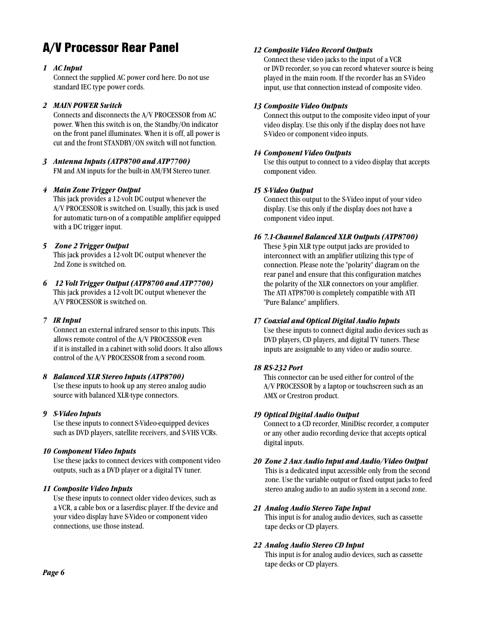 A/v processor rear panel | ATI Amplifier Technologies ATP8700 User Manual | Page 6 / 36
