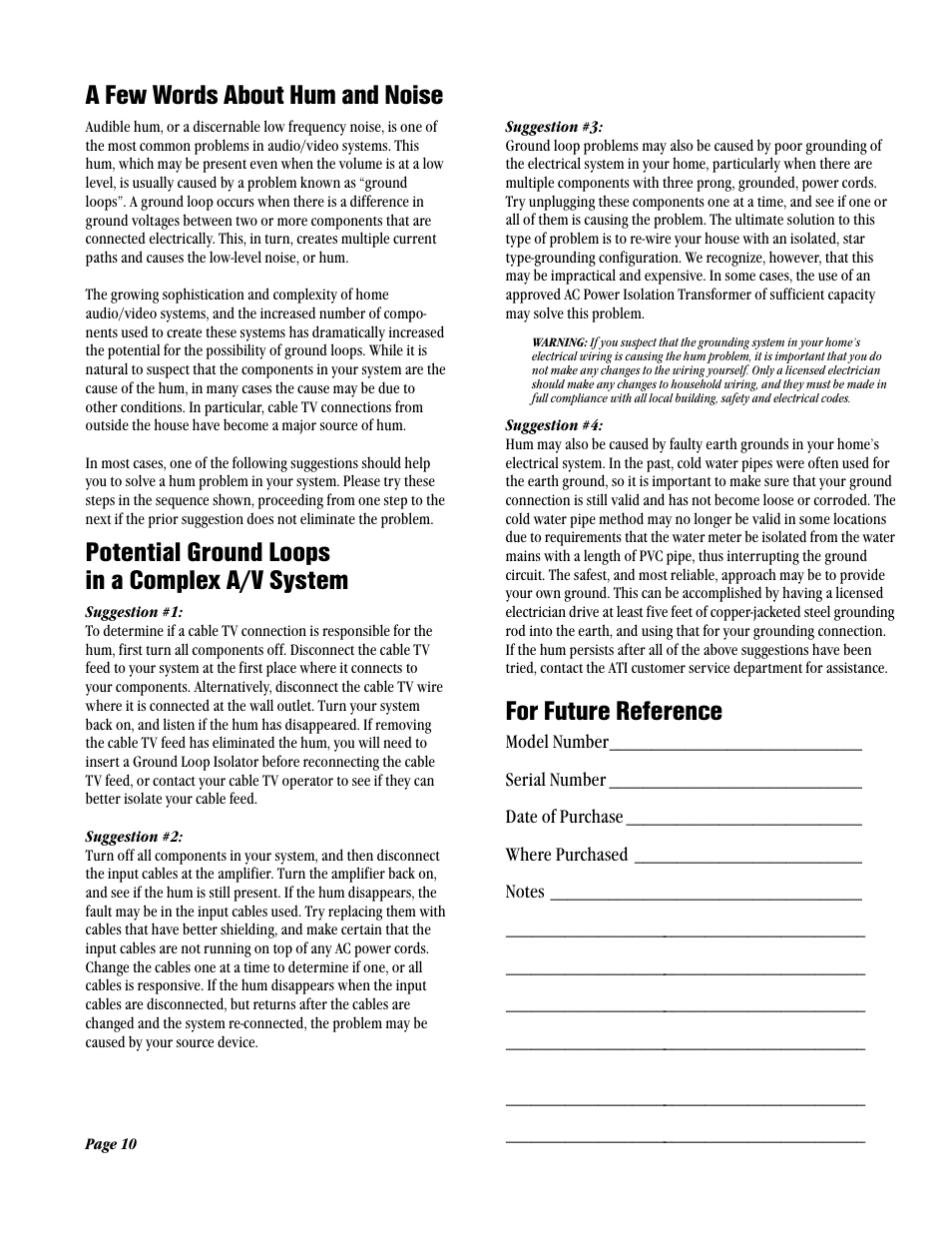 A few words about hum and noise, Potential ground loops in a complex a/v system, For future reference | ATI Amplifier Technologies AT1802 User Manual | Page 10 / 12