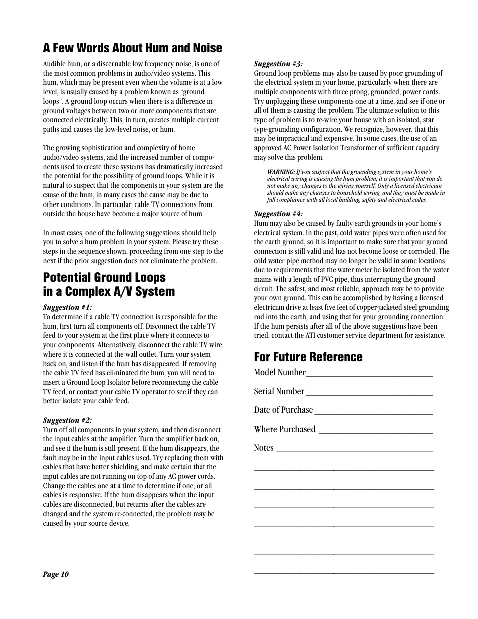 A few words about hum and noise, Potential ground loops in a complex a/v system, For future reference | ATI Amplifier Technologies AT3002 User Manual | Page 10 / 12