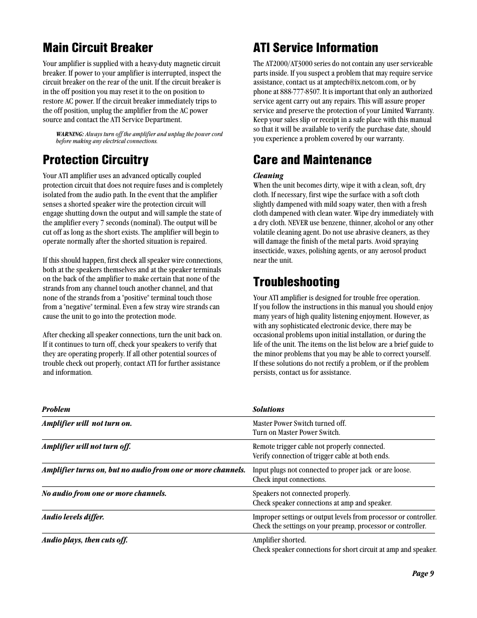 Main circuit breaker, Protection circuitry, Ati service information | Care and maintenance, Troubleshooting | ATI Amplifier Technologies AT3002 User Manual | Page 9 / 12