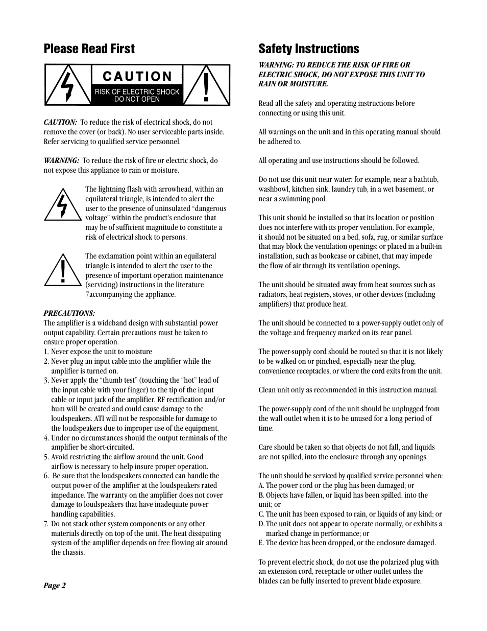 Safety instructions, Please read first | ATI Amplifier Technologies AT1202 User Manual | Page 2 / 12