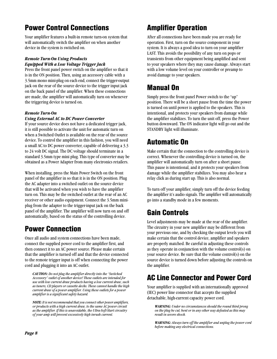 Power control connections, Power connection, Amplifier operation | Manual on, Automatic on, Gain controls, Ac line connector and power cord | ATI Amplifier Technologies AT1202 User Manual | Page 8 / 12