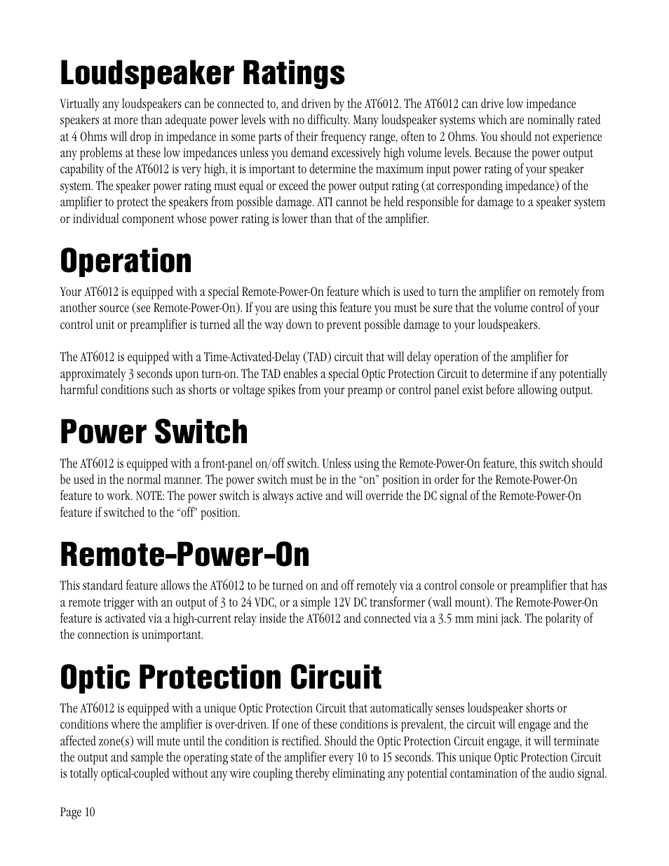 Loudspeaker ratings, Operation, Power switch | Remote-power-on, Optic protection circuit | ATI Amplifier Technologies AT6012 User Manual | Page 10 / 16