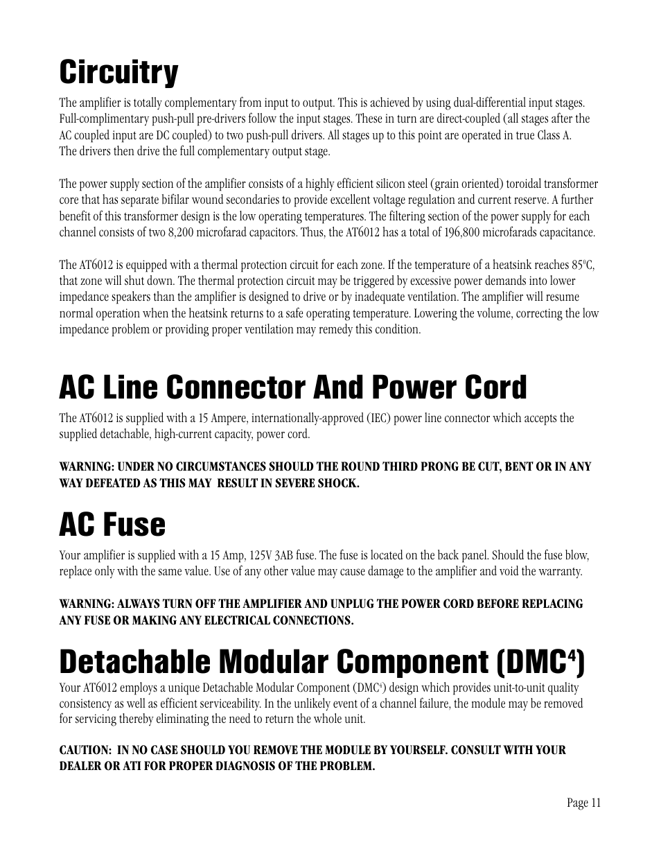 Circuitry, Ac line connector and power cord, Ac fuse | Detachable modular component (dmc | ATI Amplifier Technologies AT6012 User Manual | Page 11 / 16