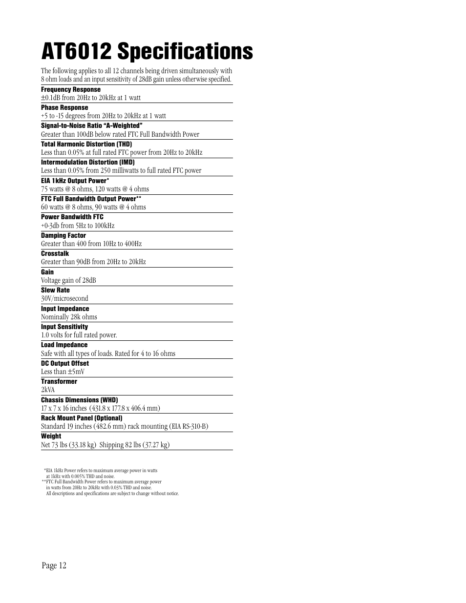 At6012 specifications | ATI Amplifier Technologies AT6012 User Manual | Page 12 / 16