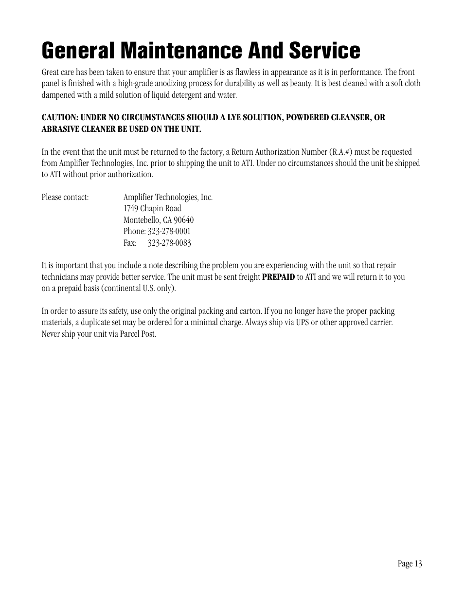 General maintenance and service | ATI Amplifier Technologies AT6012 User Manual | Page 13 / 16