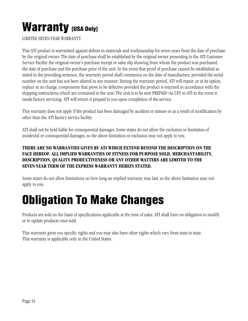 Warranty, Obligation to make changes | ATI Amplifier Technologies AT6012 User Manual | Page 14 / 16