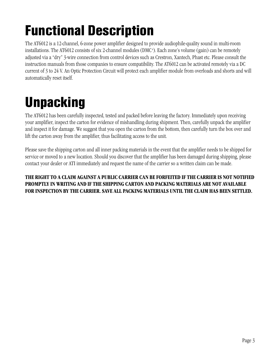 Functional description, Unpacking | ATI Amplifier Technologies AT6012 User Manual | Page 3 / 16