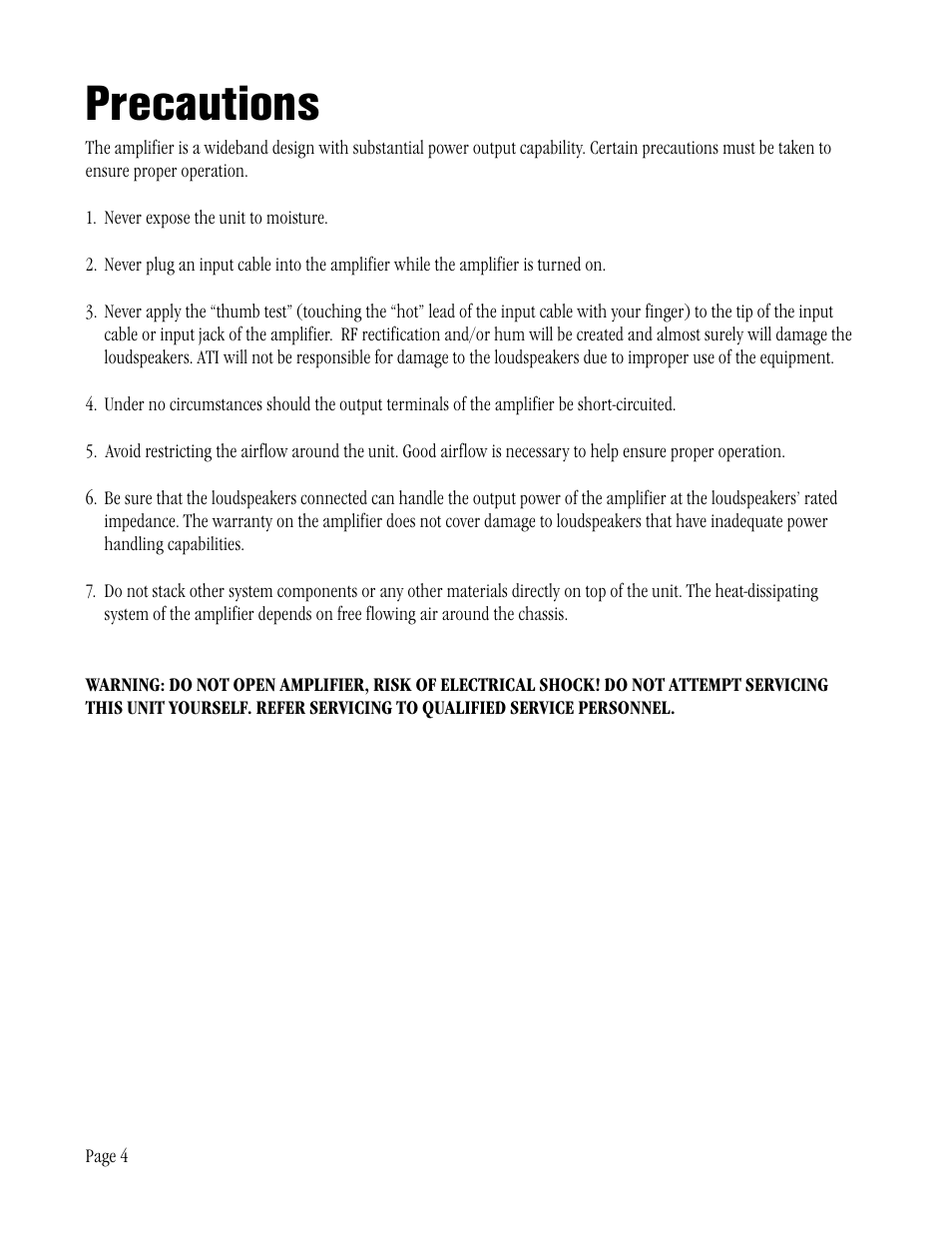 Precautions | ATI Amplifier Technologies AT6012 User Manual | Page 4 / 16