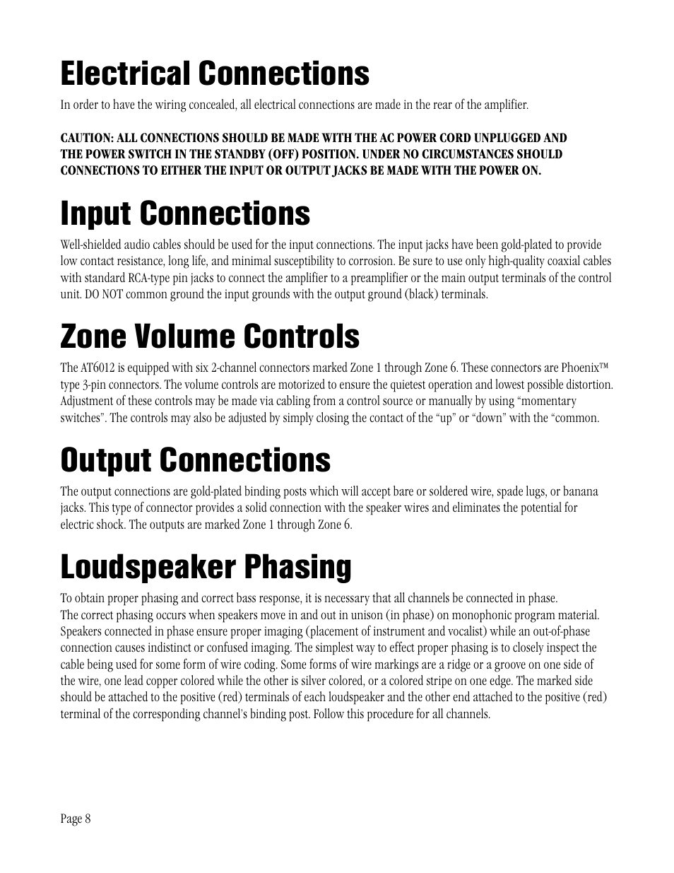 Electrical connections, Input connections, Zone volume controls | Output connections, Loudspeaker phasing | ATI Amplifier Technologies AT6012 User Manual | Page 8 / 16