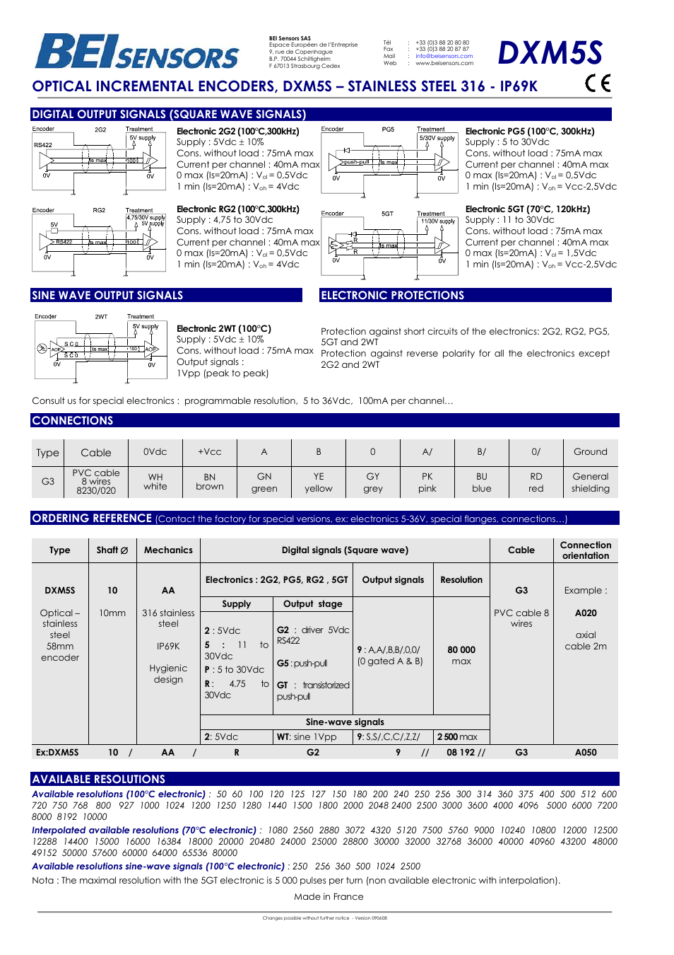 Dxm5s, Digital output signals (square wave signals), Sine wave output signals electronic protections | Connections, Ordering reference, Available resolutions | BEI Sensors DXM5 Stainless Steel Optical Encoder User Manual | Page 2 / 2