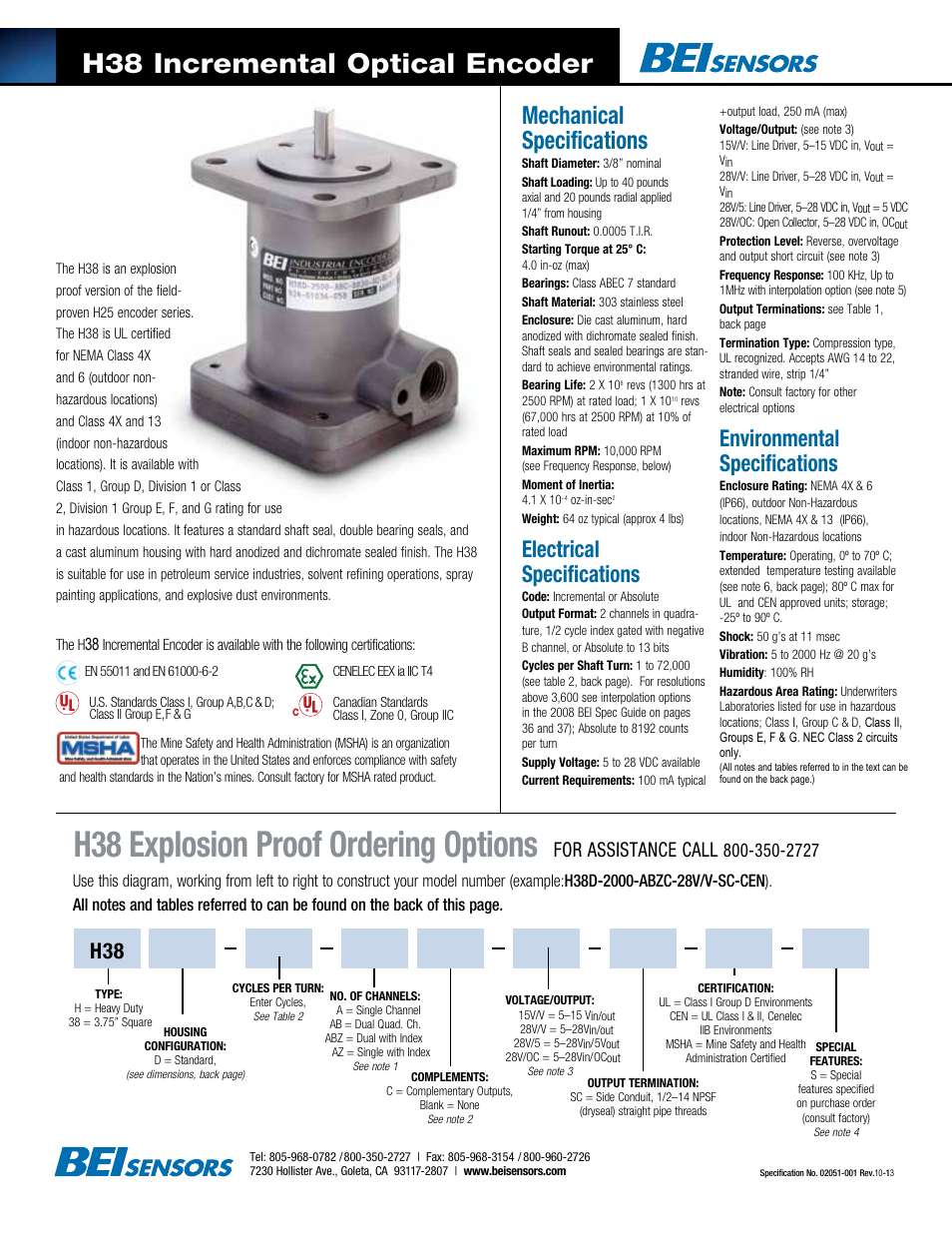 BEI Sensors H38 Incremental Explosion-Proof Encoder User Manual | 2 pages