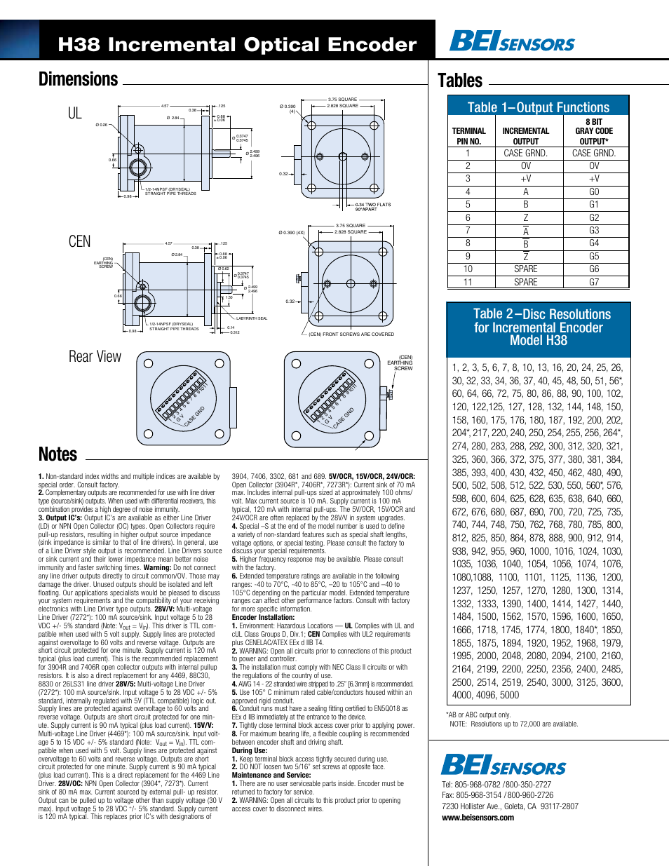 H38 incremental optical encoder, Ul cen rear view, Table 1–output functions | BEI Sensors H38 Incremental Explosion-Proof Encoder User Manual | Page 2 / 2