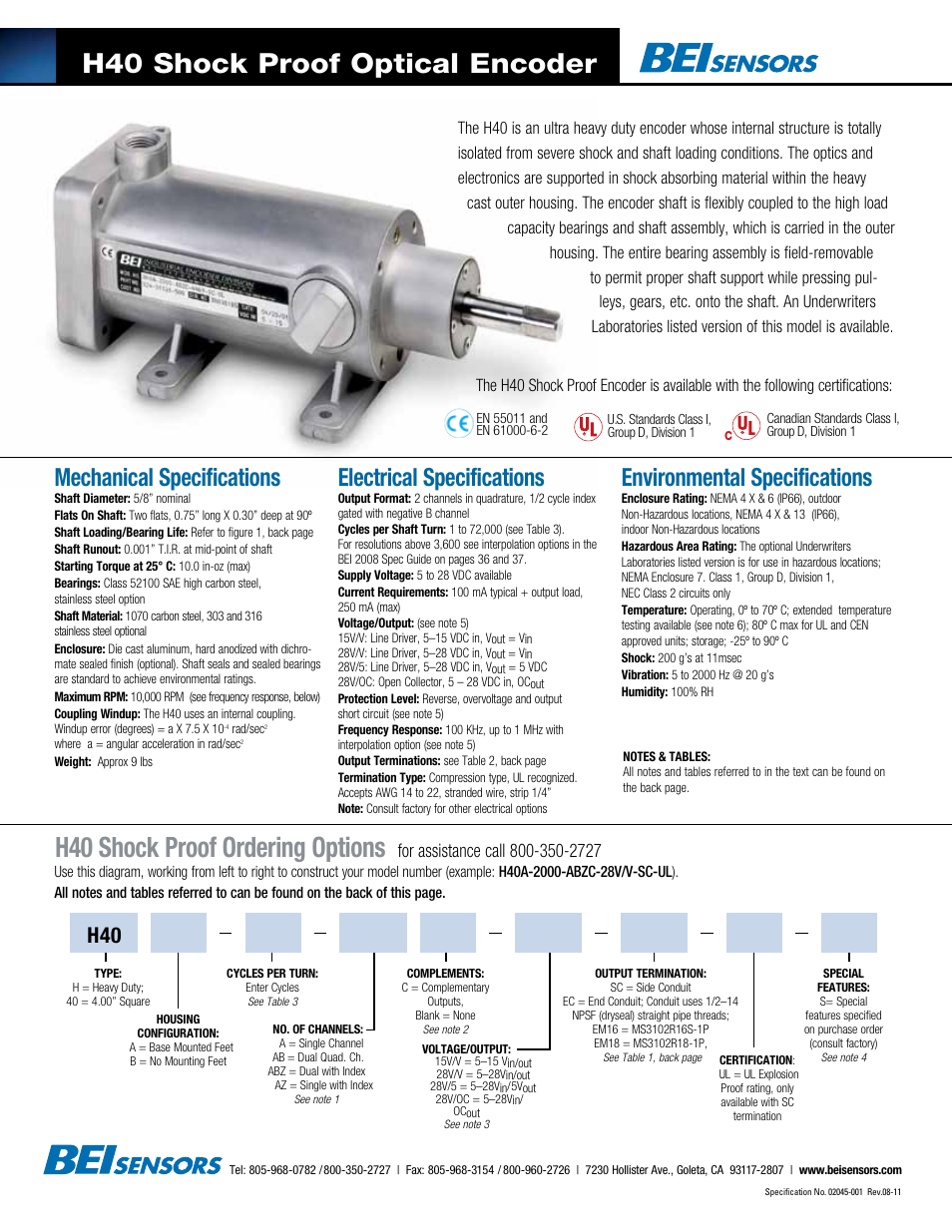 BEI Sensors H40 Incremental Shock-Proof Encoder User Manual | 2 pages